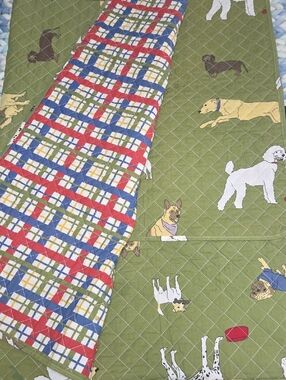 Quilted Dog Print Crate Cover in Olive Green with Plaid Reverse